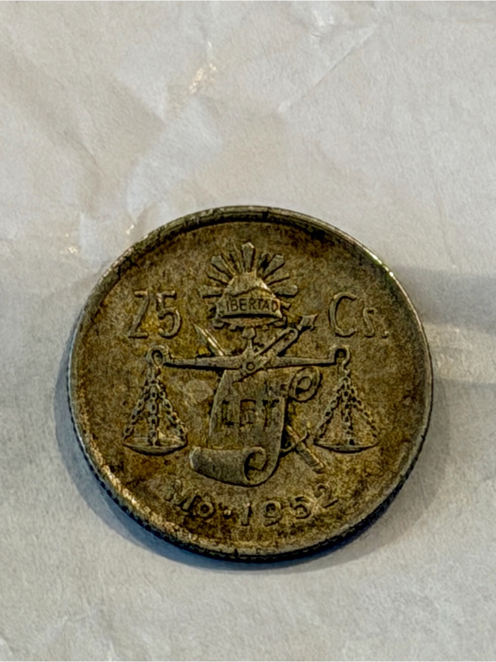 1952 Mexico Silver 25 centavos coin World Silver Coin Cap & Scales